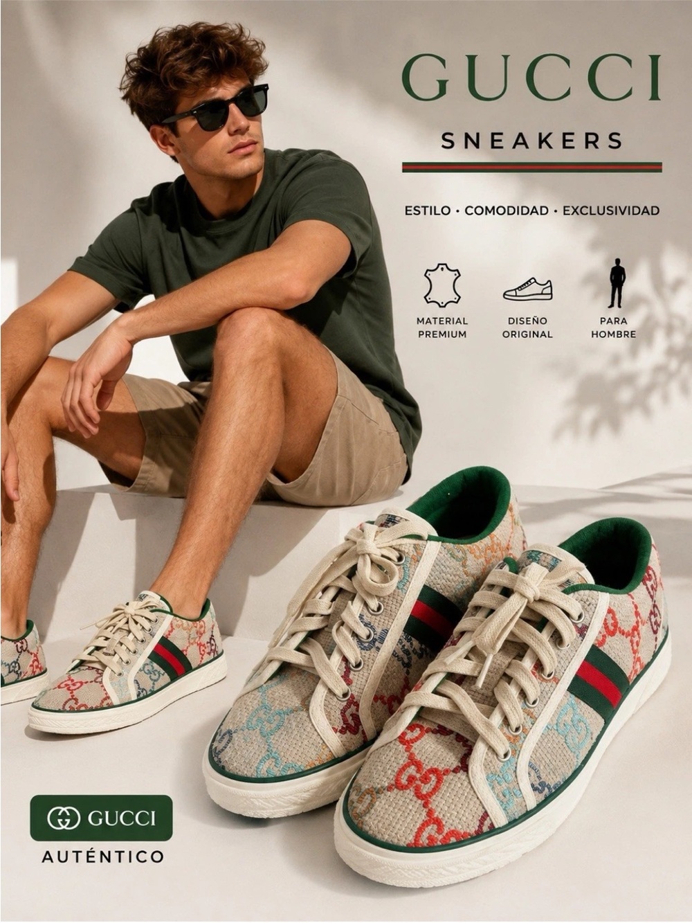 Gucci Men’s Beige GG Canvas Sneakers with Green and Red Stripe